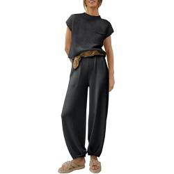 Damen-Loungewear-Anzug, kurzärmelig, 2-teilig, gerippt, Strickpullover, Tops und Hose mit hoher Taille, lässiger Pullover Sets, Schwarz , 36 von Snaked cat