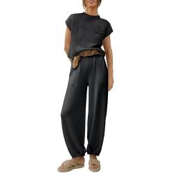 Damen-Loungewear-Anzug, kurzärmelig, 2-teilig, gerippt, Strickpullover, Tops und Hose mit hoher Taille, lässiger Pullover Sets, Schwarz , 42 von Snaked cat
