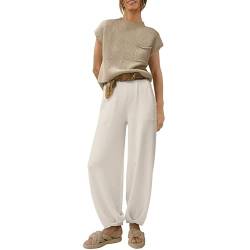 Damen-Loungewear-Anzug, kurzärmelig, 2-teilig, gerippt, Strickpullover, Tops und Hose mit hoher Taille, lässiger Pullover Sets, beige, 36 von Snaked cat