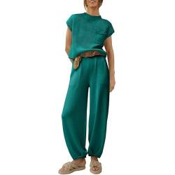 Damen-Loungewear-Anzug, kurzärmelig, 2-teiliges Ripp-Set, Strickpullover, Oberteile und hohe Taille, lässige Pullover-Sets, grün, 38 von Snaked cat