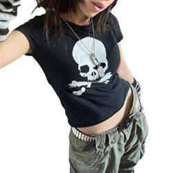 Frauen Y2k Grafik Brief gedruckt Crop Tops Sommer Kurzarm Rundhalsausschnitt Crop Top Tee T-Shirts E-Girls Teen Ästhetisches Top Streetwear, Totenkopf schwarz, Small von Snaked cat