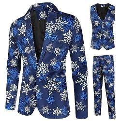 Herren-Weihnachtsanzug, leger, Weihnachtsanzug, 3-teilig, Blazer, Weste, Jacken, Hosen, Hässliche Anzüge, lustiger Schneemann, Lebkuchen, Bedruckte Outfit (Blaue Schneeflocke, M) von Snaked cat