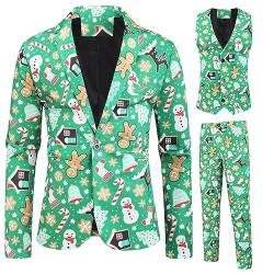 Herren-Weihnachtsanzug, leger, Weihnachtsanzug, 3-teilig, Blazer, Weste, Jacken, Hosen, Hässliche Anzüge, lustiger Schneemann, Lebkuchen, Bedruckte Outfit (Grüner Pfefferkuchenmann, XL) von Snaked cat