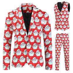 Herren-Weihnachtsanzug, leger, Weihnachtsanzug, 3-teilig, Blazer, Weste, Jacken, Hosen, Hässliche Anzüge, lustiger Schneemann, Lebkuchen, Bedruckte Outfit (Rot Weihnachtsmann, M) von Snaked cat