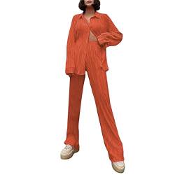 Outfit für Damen, 2-teiliges legeres Outfit mit Hose und Bluse, Revers, Langarm, Knopfleiste, lange Hose mit hoher Taille, Loungewear, Streetwear, Orange, Medium von Snaked cat