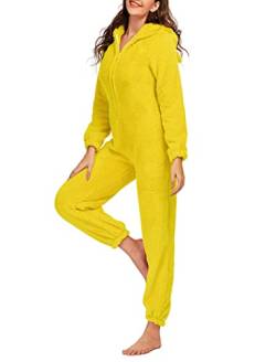 Snaked cat Damen Flanell Pyjama Onesies Reißverschluss Front Hoodie Plüsch Jumpsuit Einteiler Pyjama, gelb, 36 von Snaked cat