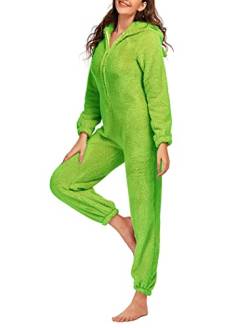 Snaked cat Damen Flanell Pyjama Onesies Reißverschluss Front Hoodie Plüsch Jumpsuit Einteiler Pyjama, grün, 46 von Snaked cat