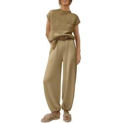 Zweiteilige Outfits für Frauen Pullover Sets Strickpullover Tops Hohe Taille Hosen Kurzarm Lounge-Sets, khaki, 42 von Snaked cat