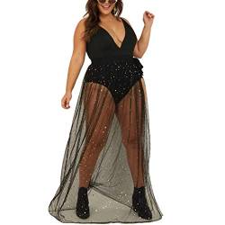 Damen 2 in 1 Transparent Mesh Rock Rave Outfit Sexy High Waist Maxirock Pailletten Tüllröcke Glitzer Sterne Rock mit Short Drunter Halloween Strandrock Festlich Röcke (Nur Mesh Rock 3-Black, S) von Snakell