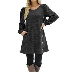 Damen Herbstkleid Pulloverkleid Casual Langarm Sweater Kleider A-Linien Midikleid Rundhals Strickkleid Herbst Winter Tunika Kleider Mit Taschen und Knöpfen Freizeitkleid Shirtkleid (Black #2, XXL) von Snakell