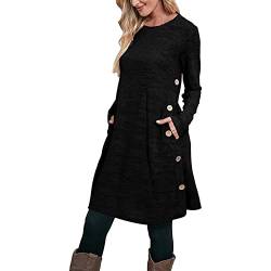 Damen Herbstkleid Pulloverkleid Casual Langarm Sweater Kleider A-Linien Midikleid Rundhals Strickkleid Herbst Winter Tunika Kleider Mit Taschen und Knöpfen Freizeitkleid Shirtkleid Lange (Black, XXL) von Snakell