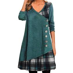 Damen Herbstkleid Pulloverkleid Casual Langarm Sweater Kleider A-Linien Midikleid Rundhals Strickkleid Herbst Winter Tunika Kleider Mit Taschen und Knöpfen Freizeitkleid Shirtkleid Lange (Green #1, L) von Snakell