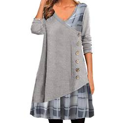 Damen Herbstkleid Pulloverkleid Casual Langarm Sweater Kleider A-Linien Midikleid Rundhals Strickkleid Herbst Winter Tunika Kleider Mit Taschen und Knöpfen Freizeitkleid Shirtkleid Lange (Grey #1, L) von Snakell