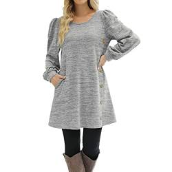 Damen Herbstkleid Pulloverkleid Casual Langarm Sweater Kleider A-Linien Midikleid Rundhals Strickkleid Herbst Winter Tunika Kleider Mit Taschen und Knöpfen Freizeitkleid Shirtkleid Lange (Grey #2, XL) von Snakell