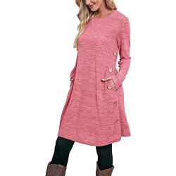 Damen Herbstkleid Pulloverkleid Casual Langarm Sweater Kleider A-Linien Midikleid Rundhals Strickkleid Herbst Winter Tunika Kleider Mit Taschen und Knöpfen Freizeitkleid Shirtkleid Lange (Pink, XL) von Snakell