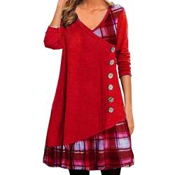 Damen Herbstkleid Pulloverkleid Casual Langarm Sweater Kleider A-Linien Midikleid Rundhals Strickkleid Herbst Winter Tunika Kleider Mit Taschen und Knöpfen Freizeitkleid Shirtkleid Lange (Red #1, S) von Snakell