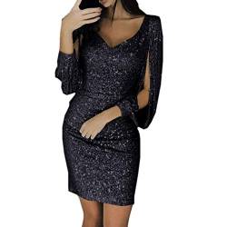 Damen Pailettenkleider Langarm Tiefer V-Ausschnitt Partykleid Abendkleid Slim-Fit Tunikakleid Eleganter Ballkleid Minikleid Knielang Festlichkleid Wickelkleid Sexy Hohe Taille (Black-a, XL) von Snakell