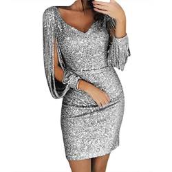 Damen Pailettenkleider Langarm Tiefer V-Ausschnitt Partykleid Abendkleid Slim-Fit Tunikakleid Eleganter Ballkleid Minikleid Knielang Festlichkleid Wickelkleid Sexy Hohe Taille (Silver-a, L) von Snakell