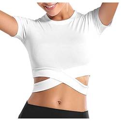 Damen Sport Crop Tops Langarm Nahtlose Kompression T-Shirt Fitness Crop-Top Kurzarm Bauchfreie Sexy Oberteile Stretch Atmungsaktiv Sportshirt mit für Gym Yoga Running (White-2, S) von Snakell