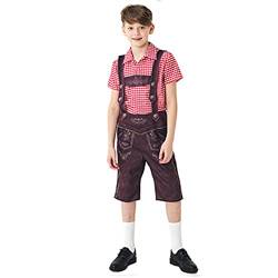 Kinder Lederhose Trachtenset Leo Kurz Trachtenlederhose mit Hemd Jungen mit Träger und Stickerei Lederhose Baby Trachtenhemd (Red-B, 8-10 Years) von Snakell