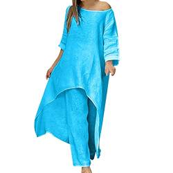 Leinenanzug Damen Zweiteiler Elegant Freizeitanzug Sommer Leinen Outfit Hose und Langarm Top 2 Teiler Anzug Set Freizeitanzug Rundhal Einfarbig Hosenanzug Sportanzüge Loungewear Urlaub (Blue, XXXL) von Snakell