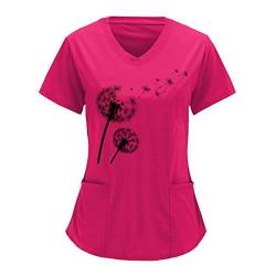 Snakell Kasack Damen Pflege Schlupfkasack Kurzarm V-Ausschnitt Kasack Bluse Oberteile Bunt Berufsbekleidung Krankenschwester mit Taschen Blusenhemd Schlupfhemd Nurses Uniformen (Hot Pink-1, M) von Snakell
