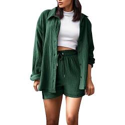 Snakell Zweiteiler Damen Outfit Sommer Musselin Bluse Outfits Anzug 2 Teilig Bluse und High Waist Shorts Set Y2K Streetwear Aesthetic Clothes Loungewear Anzug Oversize Tracksuit Freizeitanzug von Snakell