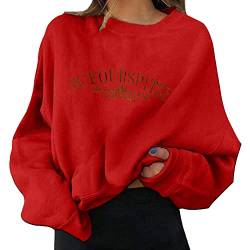 Sweatshirt Damen Ohne Kapuze Lässiges Langarm Sweatshirt mit O-Ausschnitt Frühling Hoodie Pulli Briefe Sonnenblume Grafik Drucken Pullover Teenager Mädchen Sportbekleidung Oberteile (B-Red, XXL) von Snakell