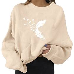 Sweatshirt Damen Ohne Kapuze Lässiges Langarm Sweatshirt mit O-Ausschnitt Frühling Hoodie Pulli Briefe Sonnenblume Grafik Drucken Pullover Teenager Mädchen Sportbekleidung Oberteile (Beige#2, S) von Snakell