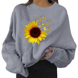 Sweatshirt Damen Ohne Kapuze Lässiges Langarm Sweatshirt mit O-Ausschnitt Frühling Hoodie Pulli Briefe Sonnenblume Grafik Drucken Pullover Teenager Mädchen Sportbekleidung Oberteile (G-Grey, XL) von Snakell