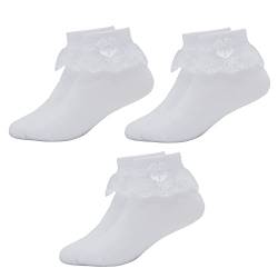 Snegyu 3 Paar Rüschensocken Kinder Söckchen Schulmädchen Weiße Baumwollsocken mit Schleifen Spitze Rüschen Socken Prinzessin Socken für Mädchen 12-16 Jahre von Snegyu