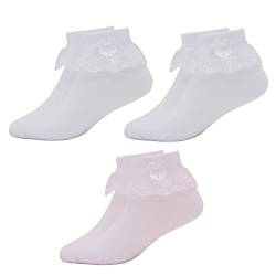 Snegyu 3 Paar Rüschensocken Kinder Söckchen Schulmädchen Weiße Baumwollsocken mit Schleifen Spitze Rüschen Socken Prinzessin Socken für Mädchen 3-5 Jahre von Snegyu