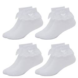 Snegyu 4 Paar Rüschensocken Kinder Söckchen Schulmädchen Weiße Baumwollsocken mit Schleifen Spitze Rüschen Socken Prinzessin Socken für Mädchen 12-16 Jahre von Snegyu