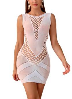 Sniff Rose Damen Cut Out Fishnetz Dessous Damen Aushöhlung Bodysuit Bodycon Kleid Minikleid Mesh Schlüpfer (Weiß) von Sniff Rose