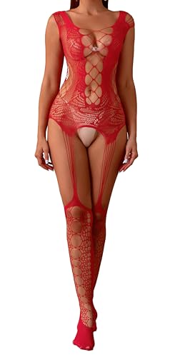 Sniff Rose Damen Cut Out Mesh Bodystocking Damen Fishnetz Dessous Aushöhlung Blumenmuster Fishnetz Bodysuit Strumpfhalter Strumpf (Rot) von Sniff Rose