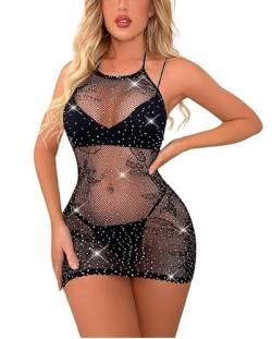 Sniff Rose Damen Kleid mit Strass besetztem Netz Bodycon Blumenmuster Mesh Glitzernde Dessous Ausgeschnittene Bedeckungen Slips Body Outfits Club Kleidung Partykleid (Schwarz) von Sniff Rose