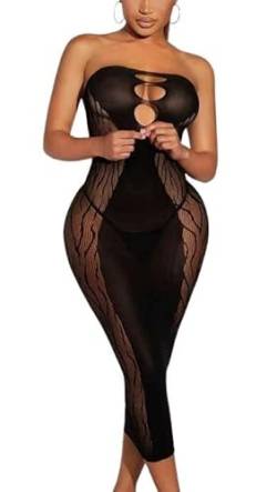 Sniff Rose Damen Netz Cut-Out Bandeau Bodycon Kleid Fishnet Dessous Body Club Kleidung Party Langes Röhrenkleid Outfits Bedeckungen Nachtwäsche Partykleider für Damen (Schwarz) von Sniff Rose