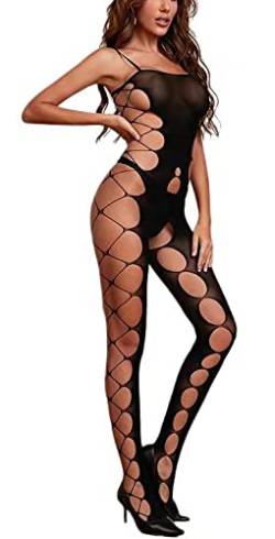 Sniff Rose Damen Netzwäsche Mesh Loch Bodystocking Dessous Aushöhlen Bodys Reizwäsche Babydoll Teddy Hosenträger Nachtwäsche Unterwäsche (Schwarz) von Sniff Rose