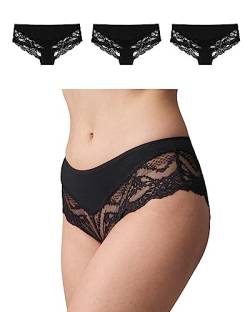 Snocks Unterwäsche Damen Hipster Spitze (3X) Unterhosen Damen Panty Bio Baumwolle (3X Schwarz, 3XL) von Snocks