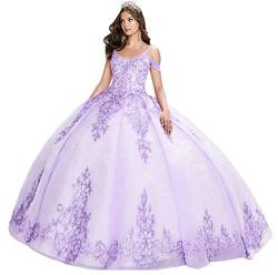 Snow Lotus Damen Spaghettiträger Schulterfrei Quinceanera Kleid Perlen Applikation Ballkleid Organza, Flieder, 36 von Snow Lotus