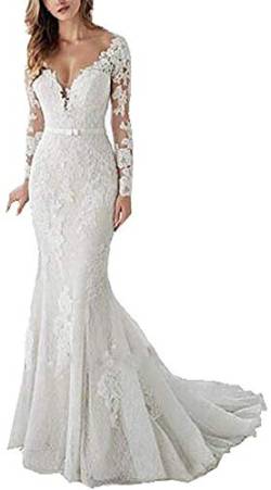 Snow Lotus Damen V-Ausschnitt Meerjungfrau Hochzeit Kleid Lange Ärmel Tüll Spitze Applique Brautkleider, weiß, 36 von Snow Lotus