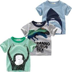 Snyemio 3er Pack Kinder Jungen T-Shirt Kurzarm Baumwolle Cartoon Bedrucktes Sommer Tops 1-7 Jahre,Grün B, 116-122(Etichetta 120) von Snyemio