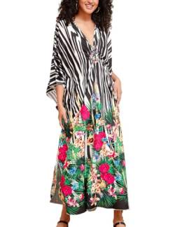 Snyemio Damen Kaftan Strandkleid Boho Floral Lange Übergröße Pareos Lose Kimono Sommer Tunika Maxikleid(Farbe 34, Einheitsgröße) von Snyemio