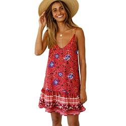 Snyemio Damen Sommer Kleid Kurz Blumen Swing Mini Strandkleider V-Ausschnitt Ärmellos Beiläufig Playa, Rot, S von Snyemio
