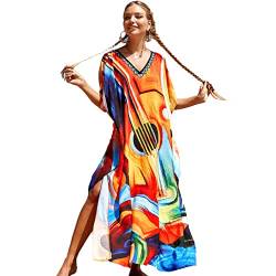 Snyemio Damen Strand Kaftan Lange Sommer Maxikleid Strandkleid Große Größen StrandKaftan Leicht Bikini Cover Up,Farbe 2,Einheitsgröße von Snyemio