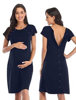 Soanhoo Damen Mutterschaft 3 in 1 Lieferung Arbeit Stillen Nachthemd Krankenhaus Kleid Nachtwäsche zum Stillen, Marineblau, Medium von Soanhoo
