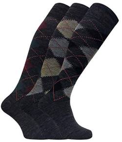 Sock Snob - 3 Paar Herren Extra lange Knie High Argyle Lämmer Wollkleid Socken in Braun oder Grau (39-45, Grau) von Sock Snob