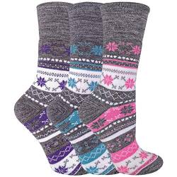 Sock Snob - 3er Pack Damen Ohne Gummi Winter Socken für Diabetiker - Diabetikersocken Thermosocken mit Norweger Muster (37-42 EU, Grau) von Sock Snob