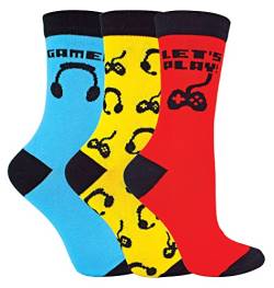 Sock Snob 3er Pack Kinder Socken mit Videospiel Design Weiche Lustige Motive Gaming Socken für Jungen (30-36, Rot/Blau/Gelb) von Sock Snob