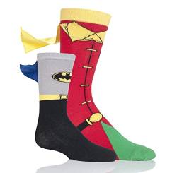 SockShop Erwachsener und Kind Batman und Robin Socken mit Umhang in Geschenkbox 2 Paar Packung 40-45 und 2-9 Jahre von SockShop